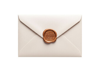 Elegant ivory envelope with bronze wax seal isolated, invitation mockup for wedding stationery and special occasion correspondence