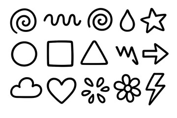 Abstract Doodle Shapes. Hand-drawn doodle illustration Abstract shapes spiral, wave, swirl, droplet, circle, star, square, triangle, zigzag, arrow, cloud,