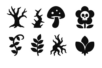 Fototapeta premium Haunted Flora Icons. Solid, filled icon set of haunted flora: dead tree, thorn bush, glowing mushroom, poisonous flower, creeping ivy, ash leaf, cursed root,
