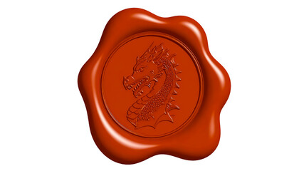 Brown wax seal design of a dragon head, on a transparent background