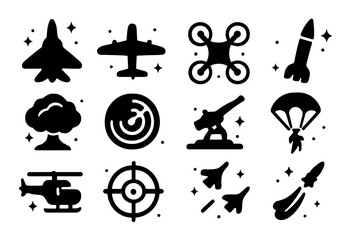 Aerial Combat Icons. Air strike. Solid icons set of fighter jet, bomber plane, drone, missile, explosion cloud, radar, anti-air gun, parachute soldier,