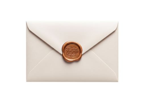 Elegant ivory envelope with bronze wax seal isolated, invitation mockup for wedding stationery and special occasion correspondence