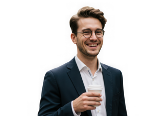Smiling man in suit holding coffee cup isolated on transparent background