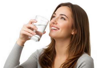 Happy woman drinking water isolated on transparent background in studio shot