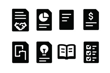 Icon Grid Design. Solid, filled icon set of project documentation: contract, report, memo, invoice, blueprint, proposal, manual, checklist. [Line icons in only