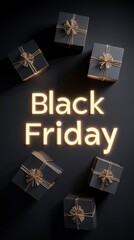 black gift boxes scattered on dark background, bold glowing text "Black Friday" sale and shopping