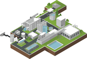 Isometric 3D water treatment plant, wastewater facility, clean water processing system, industrial purification infrastructure