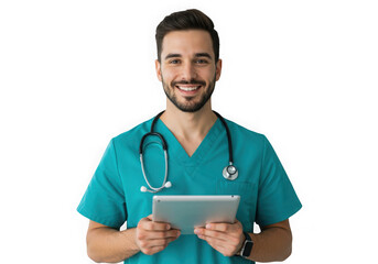Smiling doctor in scrubs holding a tablet isolated on transparent background