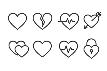 Fototapeta na wymiar Heart Icon Set. Outline icon set of heart shapes: classic heart, broken heart, beating heart, heart with arrow, double heart, heart outline, heart with pulse,