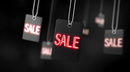 black background, floating price tags with bold text SALE, Black Friday shopping, shop