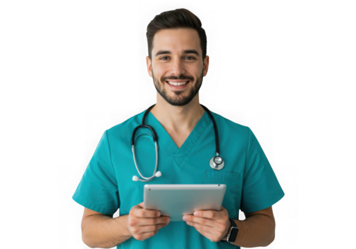 Smiling doctor in scrubs holding a tablet isolated on transparent background