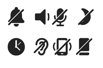 Silent Mode Icons. Solid, filled icon set of silence signs and notifications: muted bell, crossed speaker, no microphone, silent mode, do not disturb, quiet