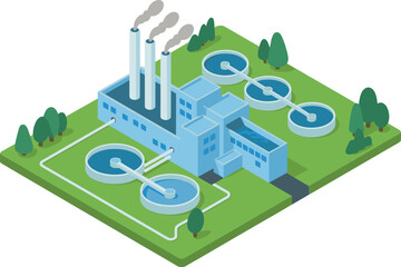 Isometric Illustration of a Water Treatment Plant, Modern Industrial Facility with Water Tanks, Pipelines, and Emissions for Environmental Design
