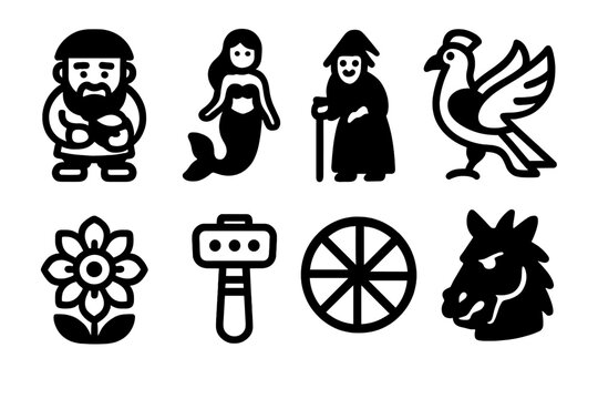 Slavic Folklore Icons. Solid, filled icon set of Slavic folklore: domovoi (house spirit), rusalka (water nymph), baba yaga (witch), firebird, kupala flower,