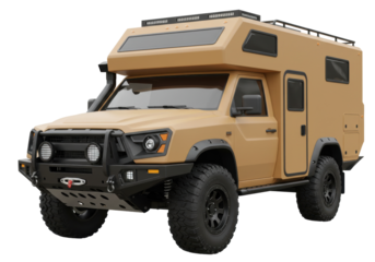 Tan expedition camper truck isolated, off-road vehicle with roof rack for adventure travel and overlanding on transparent background
