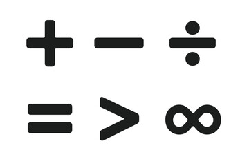 Obraz premium Mathematical Symbols Grid. Solid, filled icon set of mathematical symbols: plus, minus, multiplication, division, equal, greater than, less than, infinity.