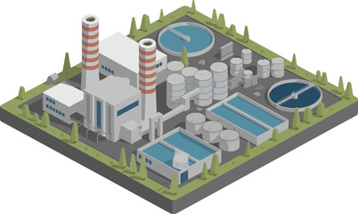 Isometric illustration of modern industrial factory with storage tanks, chimneys, water treatment plant, clean energy facility, eco-friendly infrastructure, environment