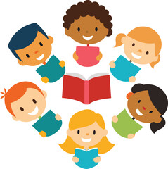 Diverse Group of Children Reading Together Around an Open Book Depicting the Joy of Collaborative Learning and Early Literacy