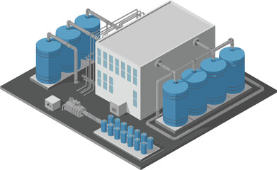 Isometric illustration of modern water treatment plant facility, industrial filtration system, clean water processing,