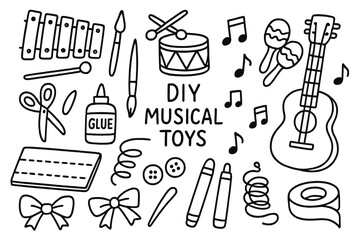 Obraz premium DIY Musical Toys Doodle. Hand-drawn doodle illustration DIY musical toys xylophone, drum, tambourine, paintbrush, scissors, glue, cardboard, music notes,