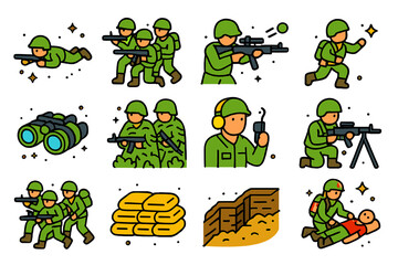 Colorful Infantry Icons. Infantry advance. Colorful isometric vector icons set of infantry advance: soldiers crawling, riflemen in formation, sniper in