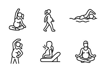 Pregnancy Exercise Icons. Outline icon set of pregnancy exercise: yoga, walking, swimming, stretching, breathing exercises, relaxation, pelvic floor,