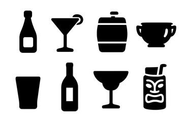 Fototapeta na wymiar Party Drink Icons. Solid, filled icon set of party drinks: champagne bottle, cocktail glass, beer keg, punch bowl, shot glass, wine bottle, margarita glass,