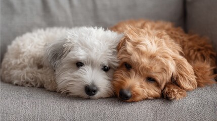 Two adorable dogs cuddle closely on a comfortable sofa, showcasing their bond and happiness. This peaceful moment captures the warmth and joy of pet friendship in a loving home setting