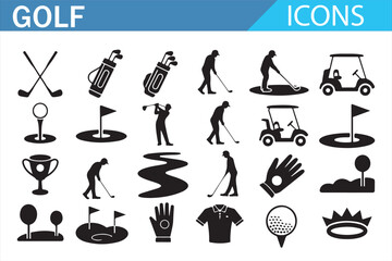 Golf course elements and gear icons in silhouette