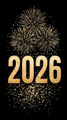 large golden numbers 2026, fireworks exploding, background, confetti falling, festive celebration atmosphere, New Year