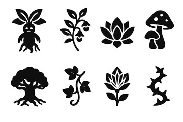 Mystical Plant Icons. Solid, filled icon set of mystical plants: mandrake root, nightshade, lotus bloom, glowing mushroom, ancient tree, ivy tendril, crystal
