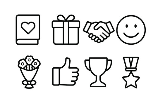 Appreciation Icon Set. Outline icon set of appreciation messages: thank you note, gift with ribbon, handshake, smiling face, bouquet, thumbs up, trophy, star