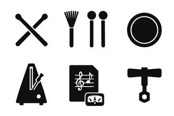 Obraz premium Drumming Accessories Icons. Solid, filled icon set of fill techniques accessories: drumsticks, brushes, mallets, practice pad, metronome, sheet music, tuner,