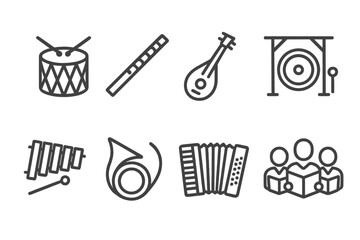 Fototapeta premium Traditional Music Icons. Outline icon set of traditional music: drum, flute, string instrument, gong, xylophone, horn, accordion, choir. Line icons in only
