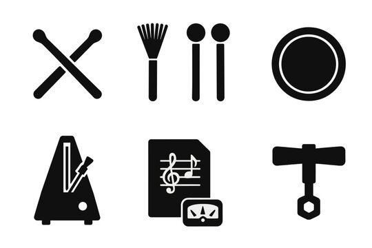 Drumming Accessories Icons. Solid, filled icon set of fill techniques accessories: drumsticks, brushes, mallets, practice pad, metronome, sheet music, tuner,