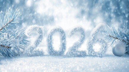 numbers 2026 covered with snow and frost, surrounded by pine branches and winter decorations, snowy background