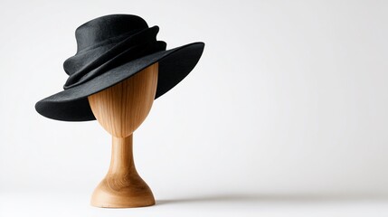 Elegant black hat on wooden head, against a clean white backdrop, perfect for style