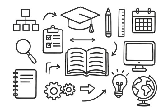 Educational Icon Doodles. Hand-drawn doodle illustration education framework book, graduation cap, flowchart, checklist, clipboard, pencil, ruler, computer