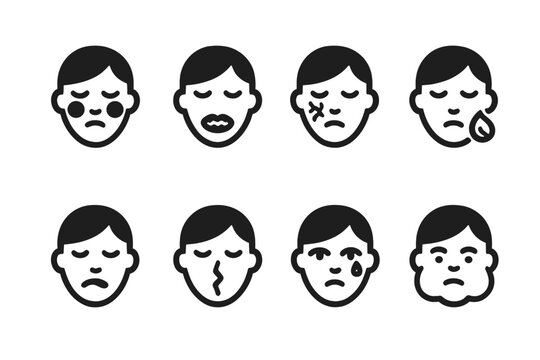 Windburn Symptom Icons. Solid, filled icon set of windburn symptoms: red cheeks, chapped lips, dry skin, peeling skin, burning sensation, cracked skin,