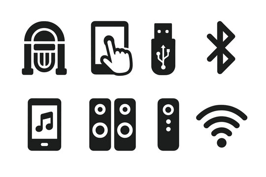 Jukebox Tech Icon Set. Solid, filled icon set of jukebox technology evolution: digital screen, touchscreen interface, USB input, Bluetooth symbol, app control,