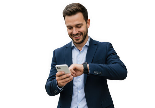 Smiling businessman checking his smartphone isolated on transparent background - Powered by Adobe