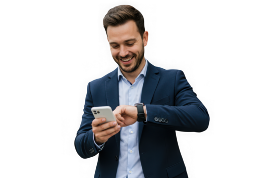 Smiling businessman checking his smartphone isolated on transparent background