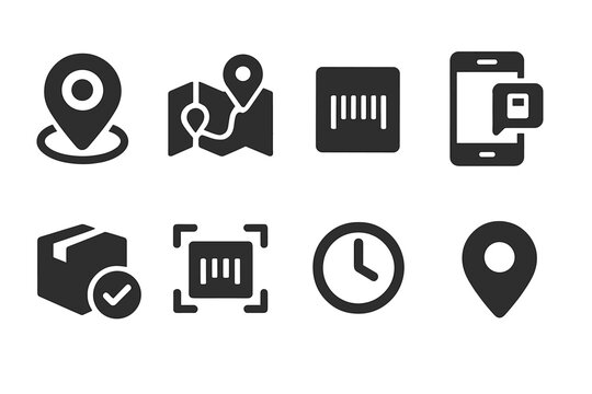 Shipment Tracking Icons. Solid, filled icon set of shipment tracking: GPS tracker, delivery route map, parcel barcode, mobile notification, delivery status,