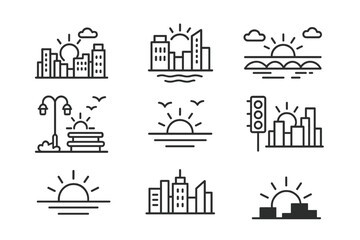 Naklejka premium City Sunset Icons. City sunset. Line icon set of City sunset: skyline, sun, skyscraper, river reflection, bridge, clouds, street lamps, park, birds, traffic