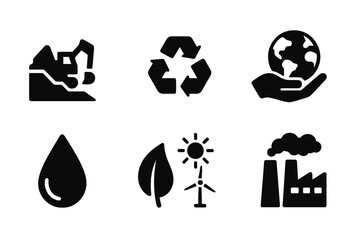 Zinc Impact Icons. Solid, filled icon set of zinc environmental impact: mining site, waste water, recycling symbol, earth protection, water drop, leaf, clean