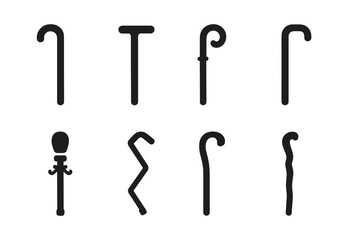 Variety of Cane Styles. Solid, filled icon set of cane styles: classic cane, modern cane, antique cane, minimalist cane, ornate cane, collapsible cane, elegant