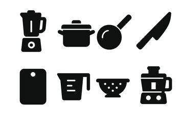 Kitchen Tool Icons. Solid, filled icon set of vegetarian protein kitchen tools: blender, saucepan, frying pan, knife, cutting board, measuring cup, colander,