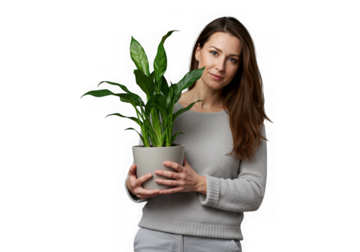 Young woman holding a peace lily plant in a gray pot isolated on transparent background