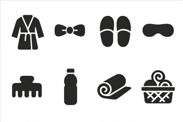 Spa Accessories Icons. Solid, filled icon set of spa accessories: robe, headband, slippers, eye pillow, hair clip, water bottle, towel, spa basket. Solid,