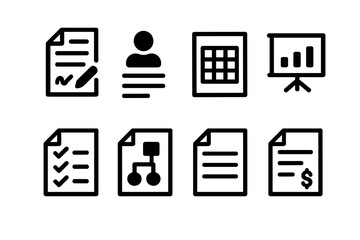 Collaborative Document Icons. Solid, filled icon set of collaborative documents: contract, proposal, report, spreadsheet, presentation, checklist, diagram,